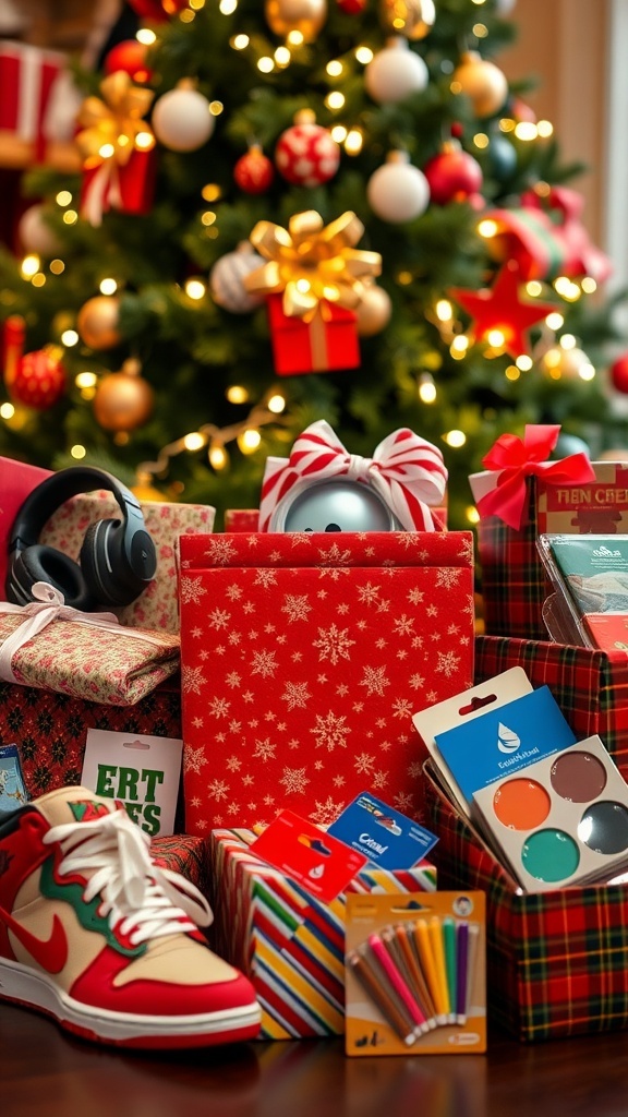 A collection of Christmas gifts for teens including headphones, sneakers, and art supplies, set against a festive backdrop.